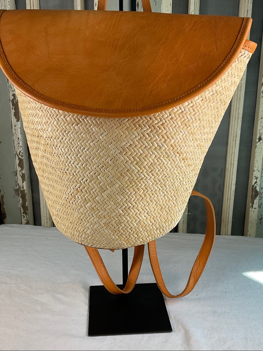 Quiet Storm Stela Natural Woven Backpack with Tan Leather Flap